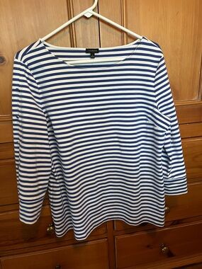 Talbots White and Blue Striped 3/4 Sleeve Boatneck Top